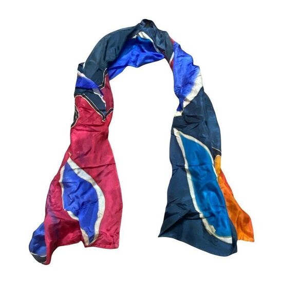Handmade Accessories - Hand Dyed Batik Abstract Artist Signed R Zarrouk Silk Scarf Long Colorful Shapes